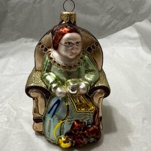 Vintage Poland Handblown Glass Ornament Mrs Claus Knitting Rocking Chair